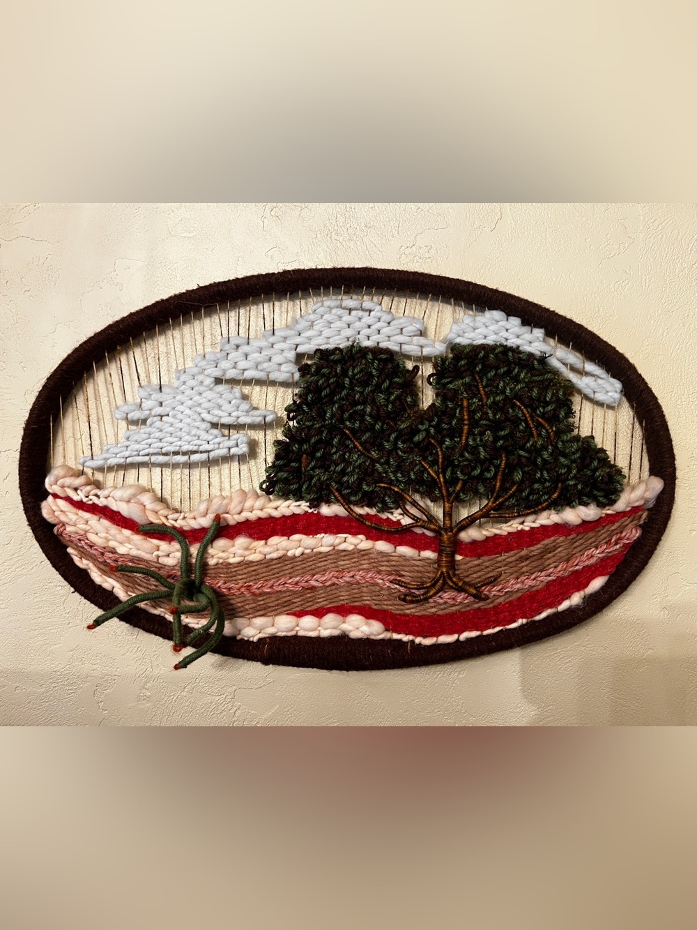 Vintage 70s Mid Century Tree of Life Oval Art Wall Hanging 3D Boho Tapestry
